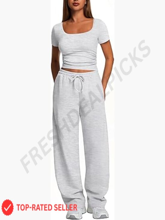 Pants - 2 Piece Square Neck Casual Suit Wide Leg Pants Side Ruching Crop Top Sweatsuit
